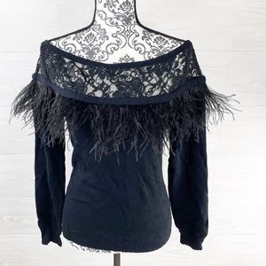 Boston Proper Ostrich Feather and Lace Boatneck Collar Sweater